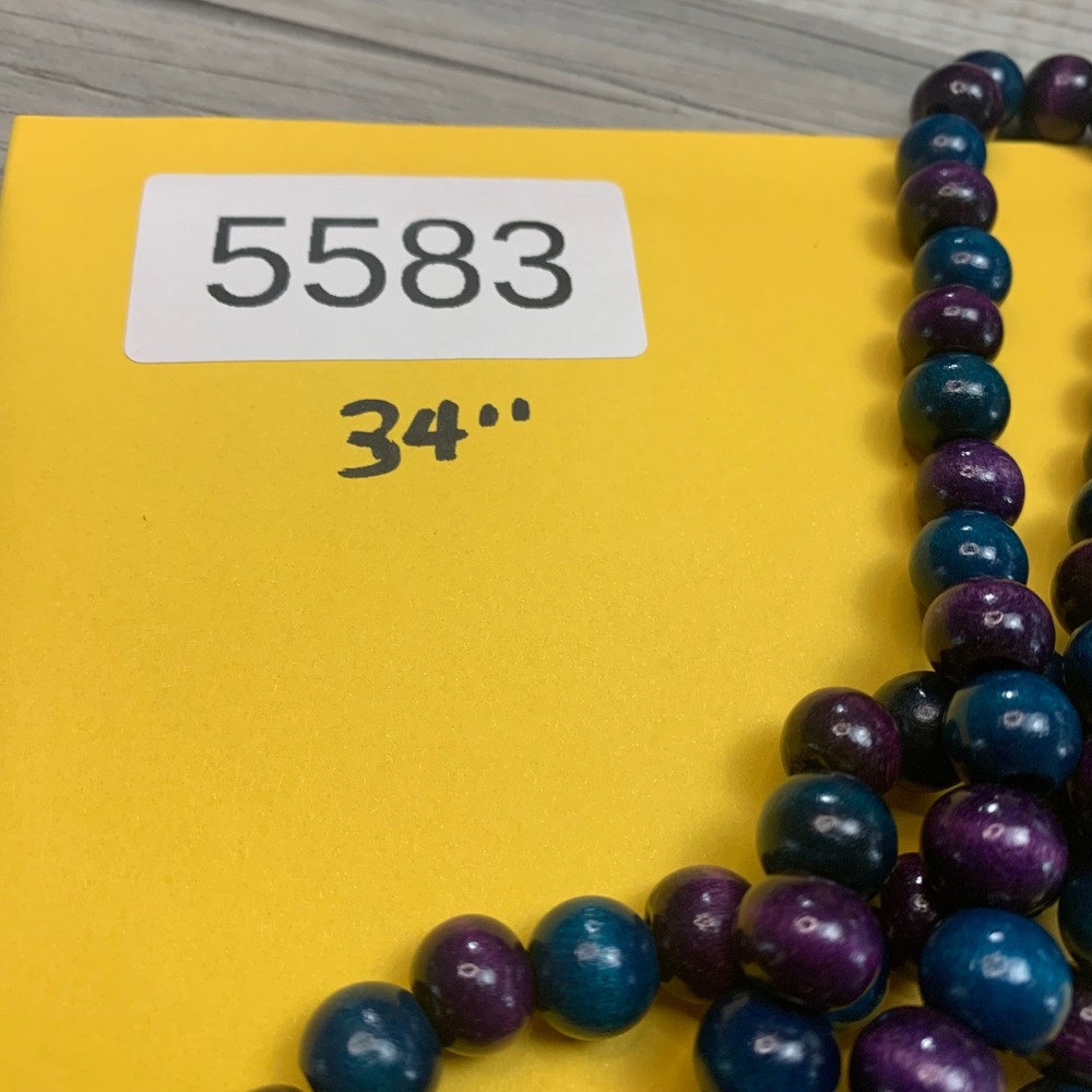 Long Purple Teal Blue Wood Bead Strand Necklace 34" Boho Layering Jewelry 5583 - Picture 4 of 4